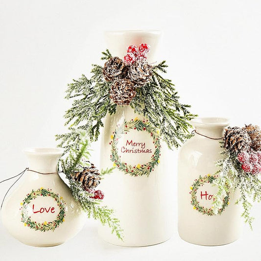 Christmas Vases Set 3, Ceramic Vase with Pine Branches and Pinecones Xmas Decorations Dinner Table Party Living Room Bedroom Decor