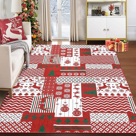 RUGSREAL 8x10 Christmas Area Rug Christmas Patchwork Pattern Floor Cover Machine Washable Indoor Carpet Rug Decorative Non Slip Accent Rug for Kitchen Bathroom Living Room Bedroom