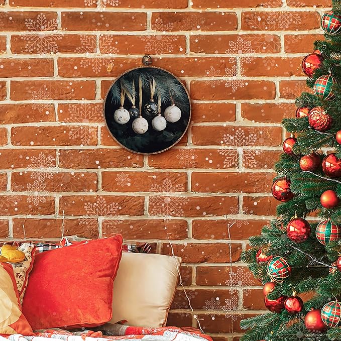Hxlac Vintage Christmas Bauble Ball Round Wall Art Framed, Dark Rustic Winter Round Wall Decor, Cottagecore Winter Hanging Canvas Prints Wall Sculptures for Home Bedroom Living Room Decor, 10x10 Inch