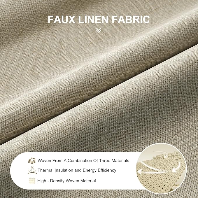 100% Blackout Curtains 96 inch Length 2 Panels for Living Room, Linen Textured Room Darkening Thermal Insulated Noise Reduction Farmhouse Drapes for Bedroom (W52xL96, Beige)