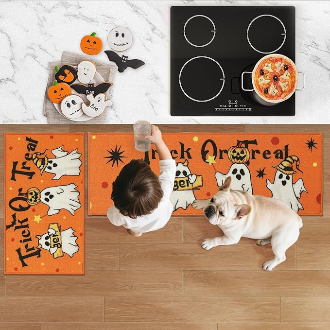 JSEI Halloween Holiday Kitchen Mats for Floor, Non-Slip Ghost and Pumpkins Decorative Kitchen Rugs Set of 2, Home Decor Low-Profile Kitchen Runner Rug Washable, 17"x30"+17"x48", Flying Ghosts Pattern