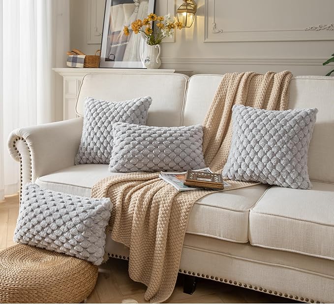 Pack of 2 Super Soft Throw Pillow Covers 12x20 Inch Faux Fur Plush Pillowcase Luxury Cozy Fluffy Decorative Cushion Cover for Sofa Couch Bed Livingroom LightGrey