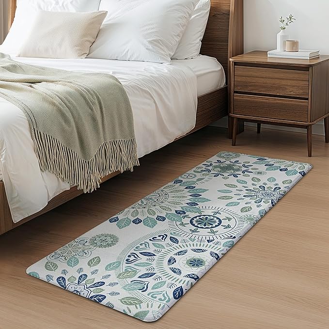 GENIMO Kitchen Mats for Floor 2PCS, Cushioned Kitchen Rugs Non Slip Washable, Farmhouse Anti Fatigue Mat Waterproof, Comfort Standing Mat for Office, Laundry, 17.3"x47"+17.3"x30", AzureBlue&White