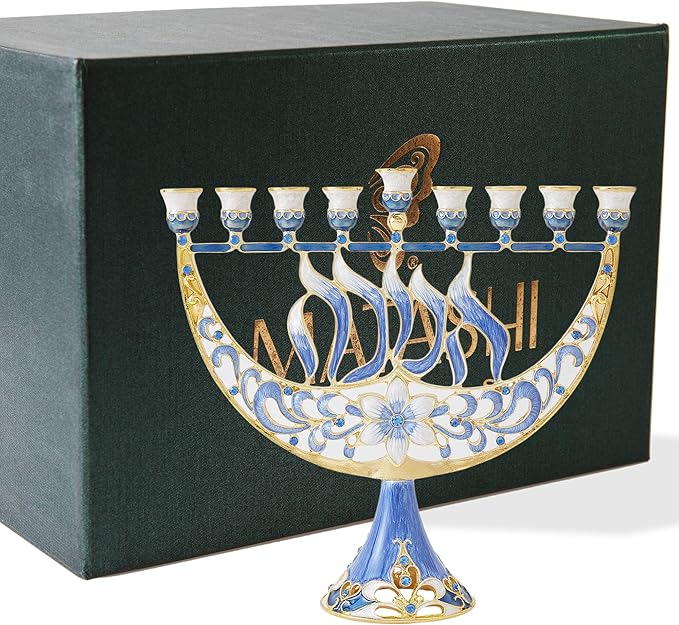 Matashi Hand Painted Enamel Menorah Candelabra with Flower and Hanukkah Design with Gold Accents and Crystals Jewish Candle Holder Hanukkah Gift Housewarming Present Showpiece for Living Room