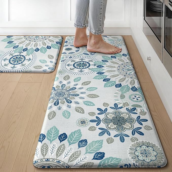 GENIMO Kitchen Mats for Floor 2PCS, Cushioned Kitchen Rugs Non Slip Washable, Farmhouse Anti Fatigue Mat Waterproof, Comfort Standing Mat for Office, Laundry, 17.3"x47"+17.3"x30", AzureBlue&White