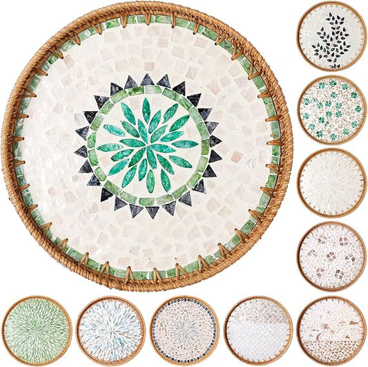 Round Rattan Tray with Mother of Pearl Inlay & Wooden Base - Decorative Wicker Serving Tray for Coffee/Bread/Fruits, Food Storage & Display - Multipurpose Home Decor (L,Bohemia)
