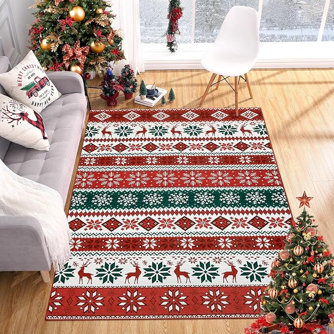 Bedroom Area Rug 3x5 Small Boho Decorative Throw for Christmas, Festival, Farmhouse & Living Room, Red