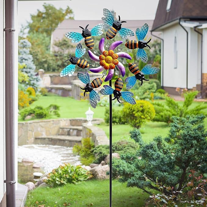 39" Bee Wind Spinners Metal Garden Stake-Outdoor Yard Windmill-Wind Sculpture Yard Art Decorations for Patio,Lawn & Garden
