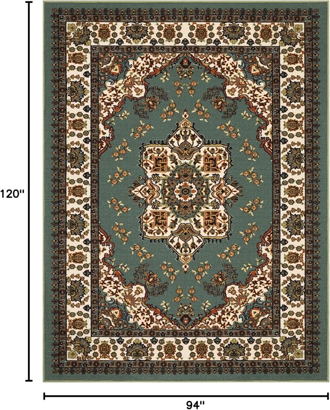 Antep Rugs Alfombras Oriental Traditional 8x10 Non-Skid (Non-Slip) Low Profile Pile Rubber Backing Indoor Area Rugs (Green, 7'10" x 10')