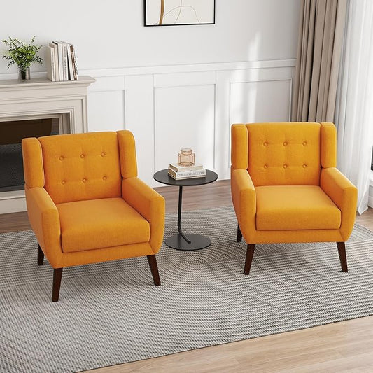 UIXE Accent Chair, Modern Upholstered Armchair in Fabric for Living Room, Comfy Club Arm Chairs Single Sofa Button Tufted Bedroom Reading Seat - Orange, Set of 2