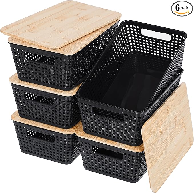 Storage Bins with Lids 6 Packs, Plastic Storage Bins with Bamboo Lids for Pantry Organization and Storage Containers for Shelves Drawers Desktop Closet Office Home, Black