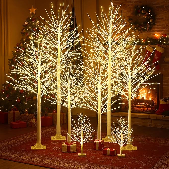 Baquler 8 Pack Lighted Birch Tree - Artificial LED Warm-White Light Birch Tree Decoration for Christmas Holiday Party Wedding Festival Decor, Indoor & Outdoor (2 4 6 8 ft)