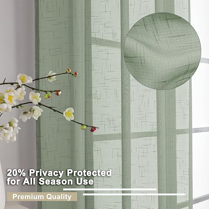 Aiyufeng Sage Green Sheer Curtains 45 Inch Length 2 Panels, Short Linen Curtains for Kitchen, Small Window Curtains Window Treatment Privacy with Light Filtering for Bathroom, Each 30Wx45L Inch, Green