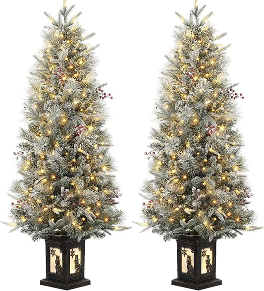 GarveeHome 4.5ft Pre-Lit Flocked Artificial Christmas Tree with Pine Cones, Artificial Xmas Tree w/ 386 Branch Tips & 200 Lights, Snowman Base for Home, Party Decoration,2 PCS