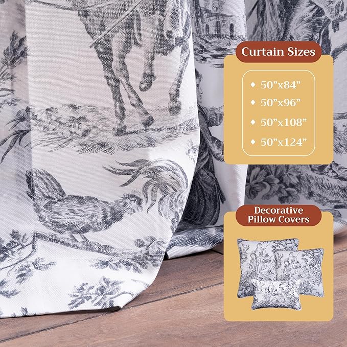 Maison d' Hermine Curtains for Living Room 100% Cotton 124 inch Length Two Panels Light Filtering Toile Curtains with Rod and Loop Pockets (The Miller Paloma Gray (White Background), 50" W x 124" L)