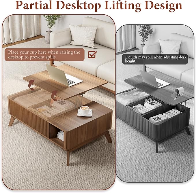 Lift Top Coffee Table with Storage Hidden Compartment, 40" Mid - Century Modern Wooden Living Room Center Table, Adjustable Height Desk for Laptop, Multifunctional Sofa Side Table，Walnut