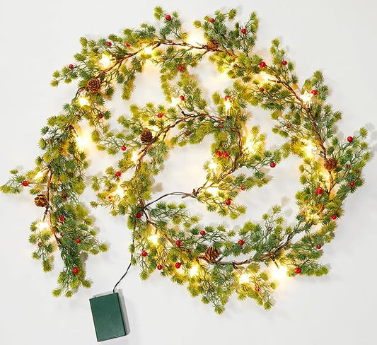 Brightown Christmas Garland with Lights, Battery Operated, 6 Ft 20 LED Lighted Pine Leaves Garland Decorated with Pine Cones, Berry, Indoor & Outdoor Christmas Lights for Mantle Stairs Wall, 2 Pack