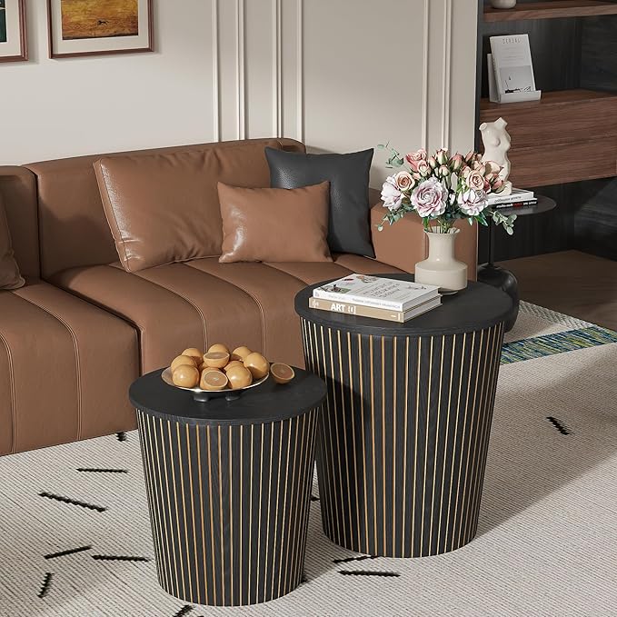 Round Coffee Table Set,2-Piece Modern Farmhouse Living Room End Table Set, Nesting Table Round Natural Finish for Living Room (Black, 17.72'')