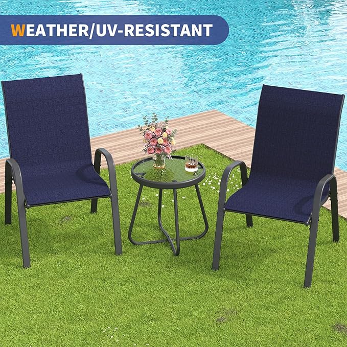 Amopatio 3 Piece Patio Set, Outdoor Stackable Dinging Chairs for All Weather, Breathable Garden Outdoor Furniture for Backyard Deck, Navy Blue