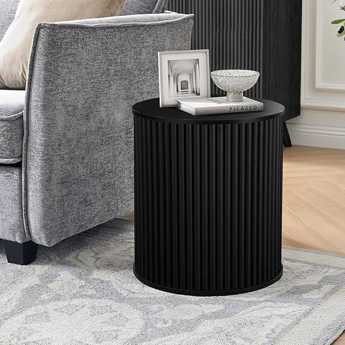 AVZEAR Small Round Side Table Fluted Night Stand Set of 2, Mid Century Modern End Table with Storage, Circle Bedside Tables Wood Nightstands for Small Spaces, Living Room, Bedroom (Black)