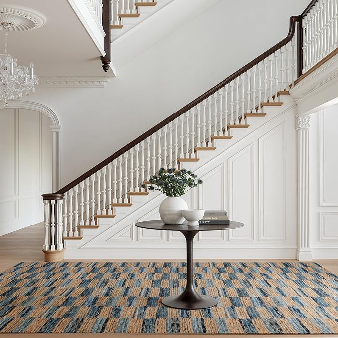 Dash & Albert Ravel Stripe Blue Machine Washable Rug, 7.5 X 9.5 Feet, Tan/Blue Stripe Pattern