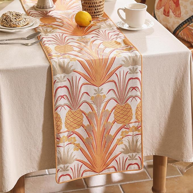 patdrea Designer Tropical Linen Table Runner 102 Inch Long, Yellow Vintage Elegant with Pineapple Pattern Table Mat,Decoration for Kitchen Dining Coffee Table Cover Banquet Christmas , 12"*102"