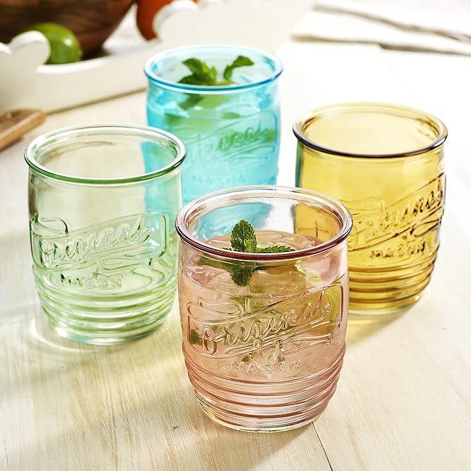 Glaver's Set Of 4 Original Mason Collins Glasses Assorted Colored Drinking Glasses For Juice Smoothies Cocktails Fine Beverage Glass Cups (Original Mason Whiskey Colored 13 OZ.)
