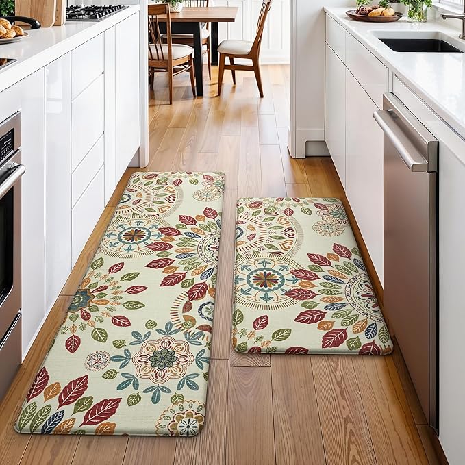GENIMO Kitchen Mats for Floor 2PCS, Cushioned Kitchen Rugs Non Slip Washable, Farmhouse Anti Fatigue Mat Waterproof, Comfort Standing Mat Rug for Office, Home, Laundry, 17.3"x47"+17.3"x30", Beige&Red