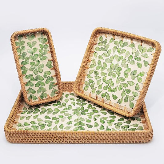 Set of 3 Rectangle Rattan Serving Trays with Mother of Pearl Inlay – Hand-Woven Wicker Trays for Coffee Table, Bathroom, Kitchen Counter or Entryway, Boho Coastal Decor, Green Leaves Design
