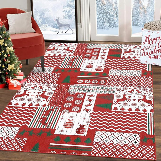 RUGSREAL Christmas Machine Washable Area Rugs Christmas Patchwork Pattern Carpet Rug Foldable Decorative Accent Rug Farmhouse Dining Table Rug Bedroom Decor Floor Carpet, 3x5 Feet