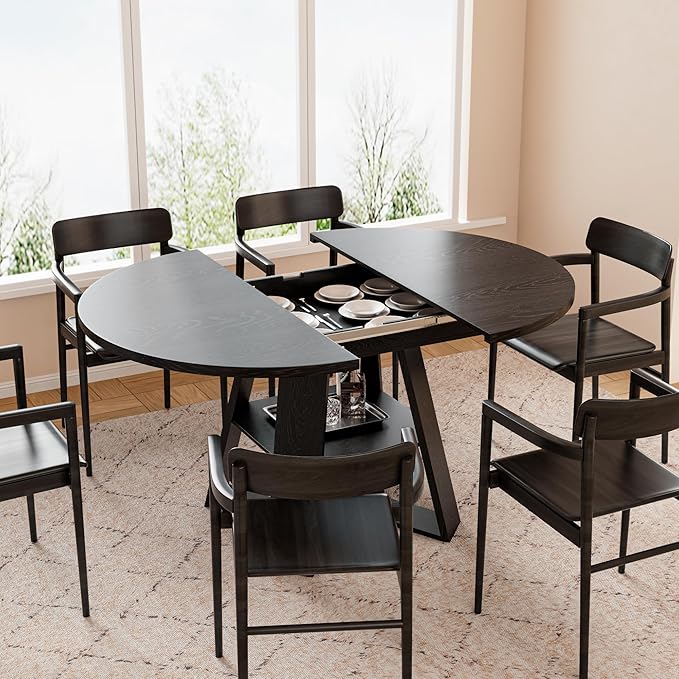 43.3in-59in Extendable Round Dining Table for 2-8,Modern Kitchen Oval Dining Table with Removable Leaves Space Saving,Wood Base with Storage Shelf for Kitchen Living Room (Black Style 3)