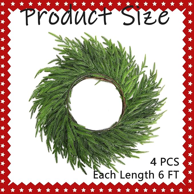 4 Pcs Christmas Norfolk Pine Garland, 6 Ft Dense Norfolk Pine Real Touch Garland, Artificial Pines Greenery Garlands for Christmas Holiday Mantle Fireplace Table Home Decor