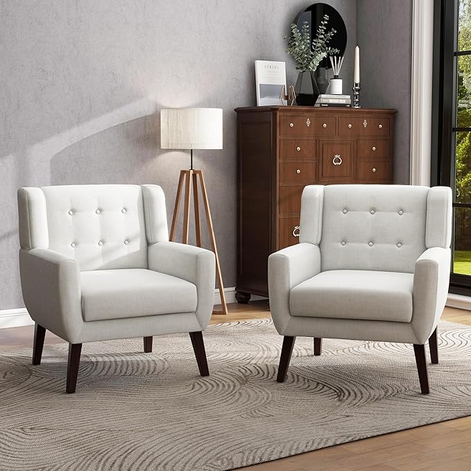 UIXE Accent Chairs Set of 2, Modern Living Room Arm Chair Mid-Century Upholstered Club Armchair, Comfy Fabric Single Sofa Button Tufted Reading Seat Bedroom Side Sitting, Beige