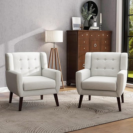 UIXE Accent Chairs Set of 2, Modern Living Room Arm Chair Mid-Century Upholstered Club Armchair, Comfy Fabric Single Sofa Button Tufted Reading Seat Bedroom Side Sitting, Beige