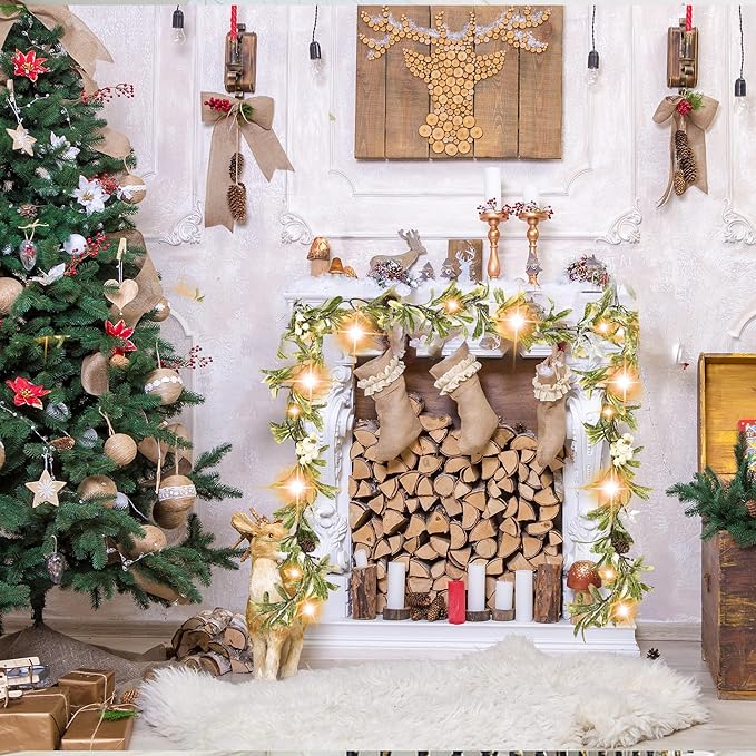 6ft Snowy Olive Christmas Garland with Pine Berry,Battery Operated Garland with Timer,Pre-lit Garland for Christmas,Party,Indoor, Fireplace, Stairs Railing,Mantle Decor