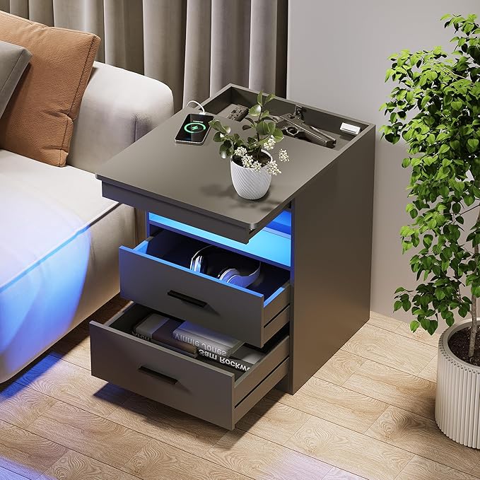 Nightstand with Gun Drawer, Charging Bedside Table with USB & Type-C Port, LED Night Stand with Human Sensor Light, Modern End Table with Drawers for Bedroom Office, Grey