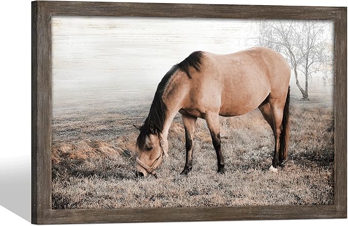 Horse Wall Art Decor Bedroom: Large Wildlife Wood Framed Picture Western Grazing Animal Print Painting Wild Horse Artwork for Home Office Country Room 45 x 30 Inches