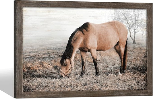 Horse Wall Art Decor Bedroom: Large Wildlife Wood Framed Picture Western Grazing Animal Print Painting Wild Horse Artwork for Home Office Country Room 45 x 30 Inches