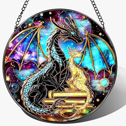 Stained Glass Window Hanging, 8 Inch Dragon Stained Glass Suncatcher, Sun Catchers Indoor Window, Suncatchers for Windows Hanging, Book Lover Christmas Ornament, Perfect for Bookworms