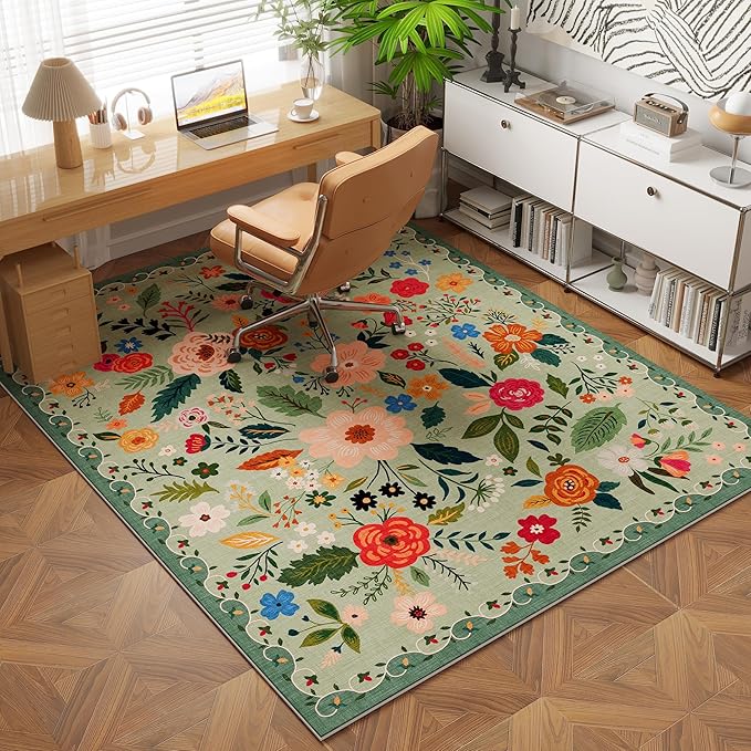 Rugcomf Bedroom Rug 3x5 Rug Washable Area Rug Non Slip Low Pile Boho Floral Small Carpet for Bedroom, Bedside, Kitchen, Entryway, Kids Room, Office, College Dorm Essentials for Girls(Green)