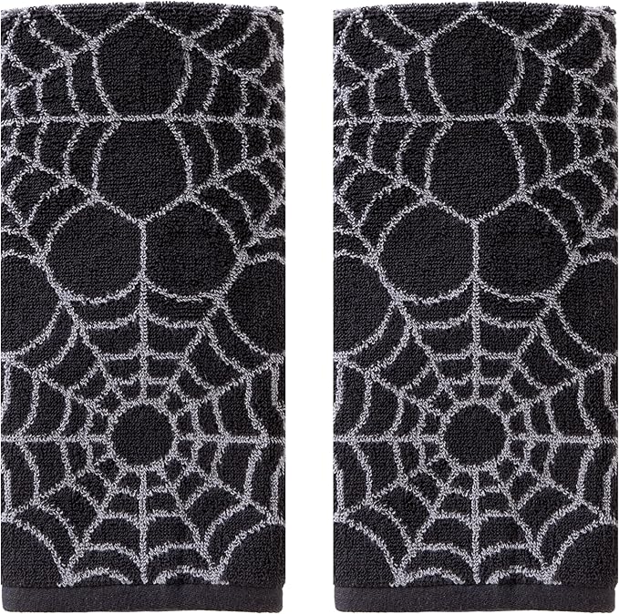 SKL Home Halloween Spider Web 100% Cotton Jacquard 2pc Hand Towel Set, Reversible, Soft & Absorbent, Decorative for Bath/Kitchen/Bar & Gift, Black