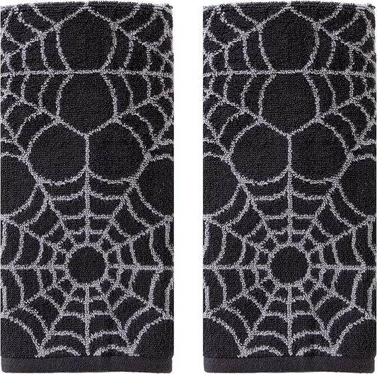 SKL Home Halloween Spider Web 100% Cotton Jacquard 2pc Hand Towel Set, Reversible, Soft & Absorbent, Decorative for Bath/Kitchen/Bar & Gift, Black