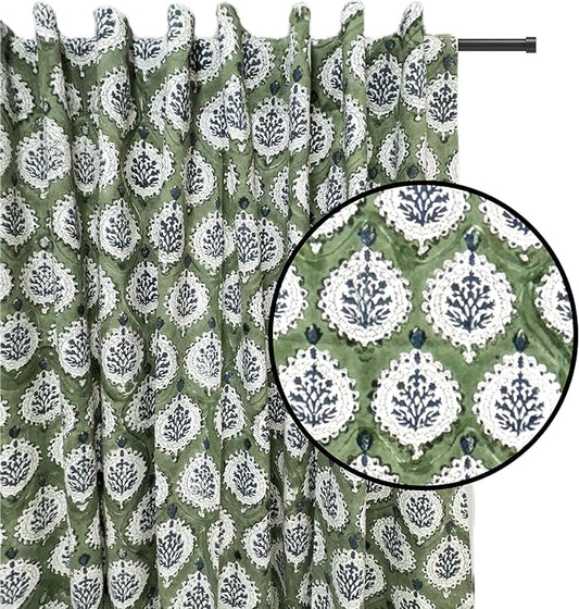 ATOSII 100% Cotton Single Panel Floral Block Print Curtain, Easy Hanging with Rod Pocket & Loop, Living Room, Dining Room, Bedroom Light Filtering Boho Curtains, Set of 1, 60" W X 96" L, Kari Green