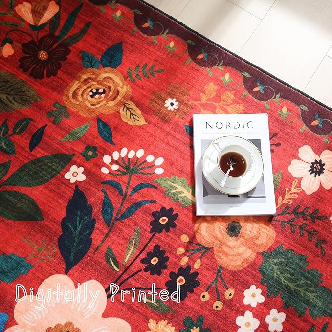 Rugcomf Door Mat Indoor Entrance 2x3 Rug Machine Washable Boho Floral Small Area Rug Non-Slip Low Pile Throw Rugs for Entryway, Kitchen, Front Door Indoor Entrance, Entry, Kids Room (Red)