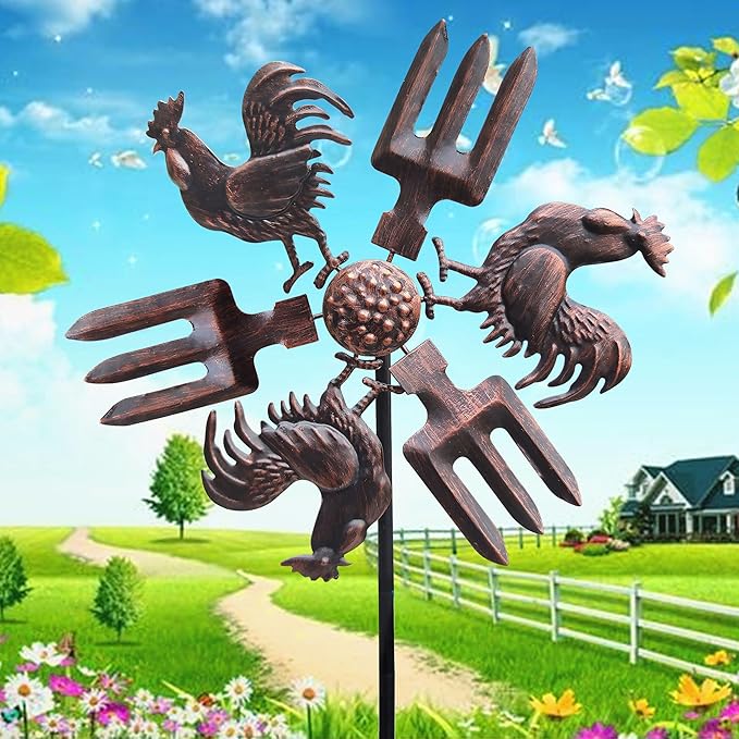 39" Rooster Wind Spinner Garden Stake-Farm Outdoor Metal Stake Yard Spinners-Wind Sculpture Yard Art Decorations for Patio,Lawn & Garden