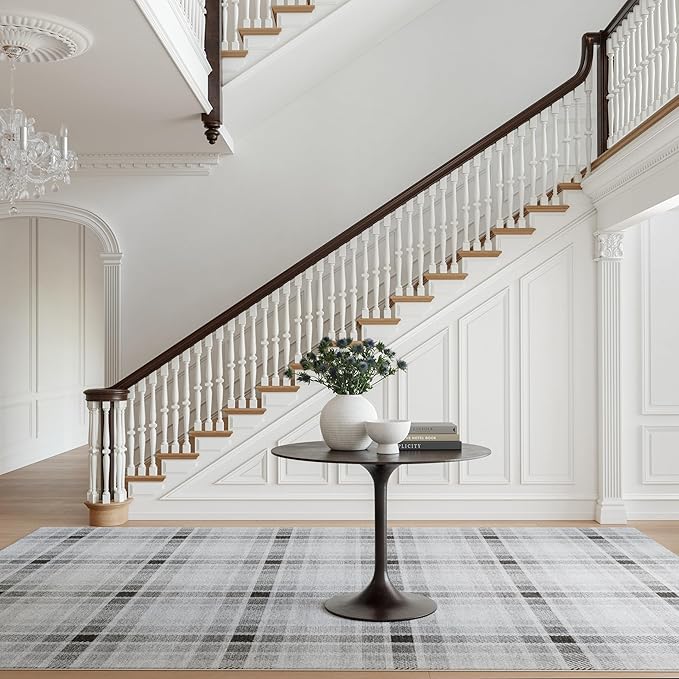 Dash & Albert Andri Plaid Black Machine Washable Rug, 7.5 X 9.5 Feet, Black/White Plaid Pattern