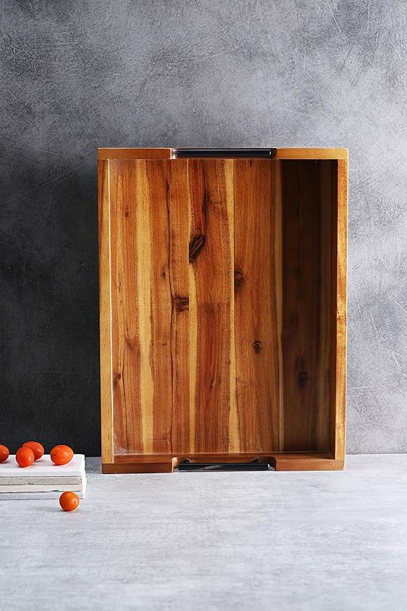 Ottoman Tray, Acacia Wood Serving Tray with Metal Handles, 16.5x12.5in Food Drinks Tray for Coffee Table, Breakfast, Dinner & Bar, Rustic Decorative Storage Tray for Ottoman, Kitchen, Packaging