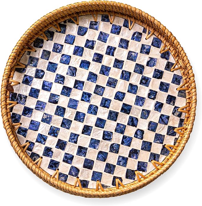 JUNGLE CULTURE Rattan Serving Tray 12" with Mother of Pearl Inlay • Coastal Boho Collection • Handcrafted Woven with Handles for Home • Round Dining Table Tray • Wicker Serving Basket – Drift
