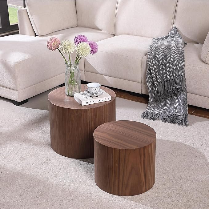 Round Coffee Table Set of 2, Nesting Coffee Table and End Table Set Wood Small Circle Drum Side Table for Living Room Office, No Assembly,Walnut