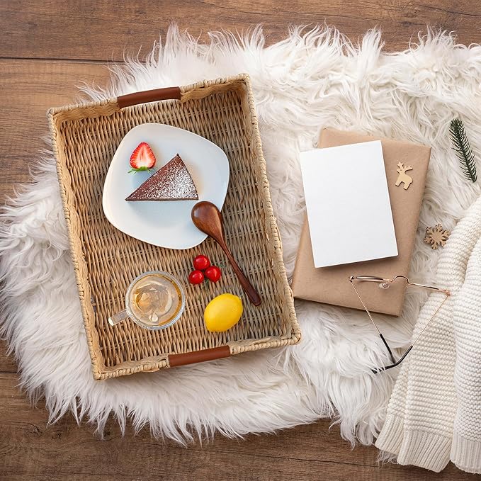 Rattan Organizer with Leather Handles – Decorative Wicker for Home Decor – Versatile Storage & Serving Solution for Kitchen and Living Room (Medium-Rectangle)